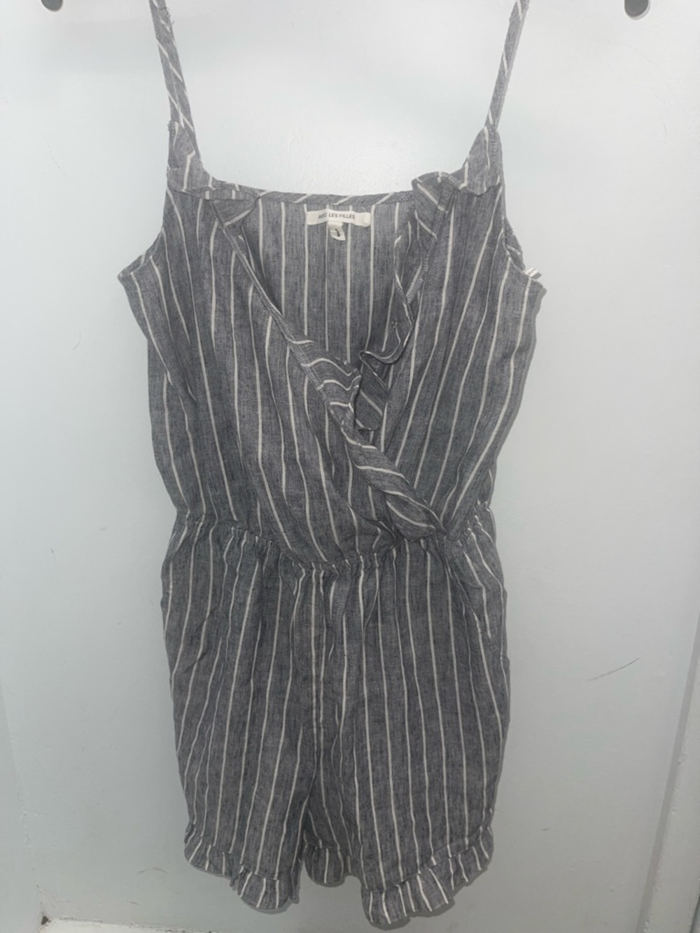 Avec Les Filles Linen Gray and White Striped Romper